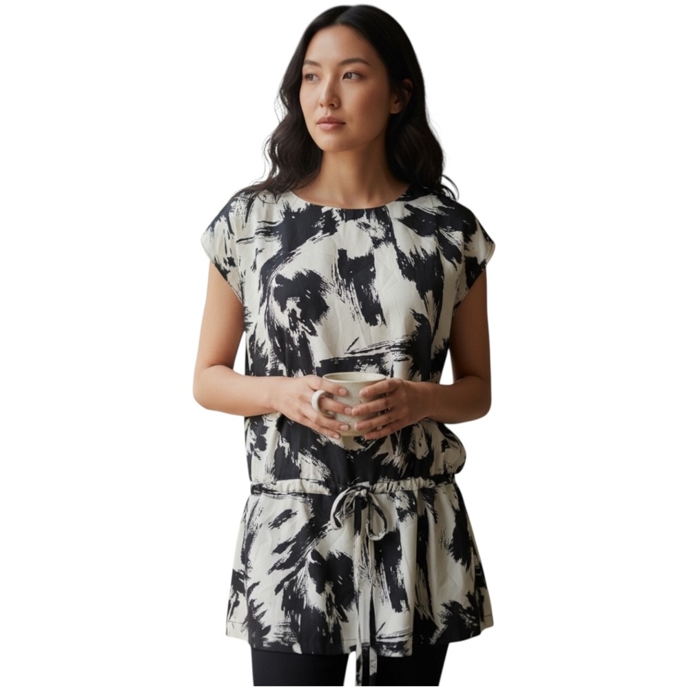 The Limited black cream dress cinch tie waist brush stroke tunic dress XS - Picture 2 of 14